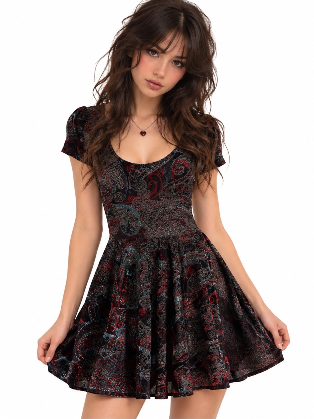 MINKPINK Black and Red Paisley Velvet Fit-and-Flare Dress